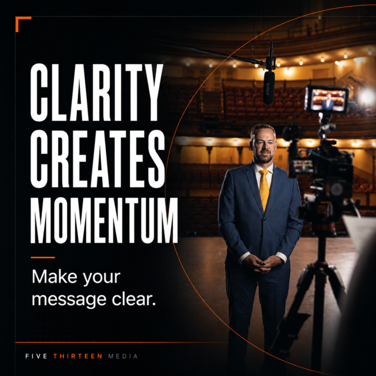 Five Thirteen Media filming a business leader with the message “Clarity Creates Momentum.”